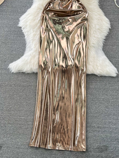 Sleeveless Backless Midi Gold Evening Dress L58