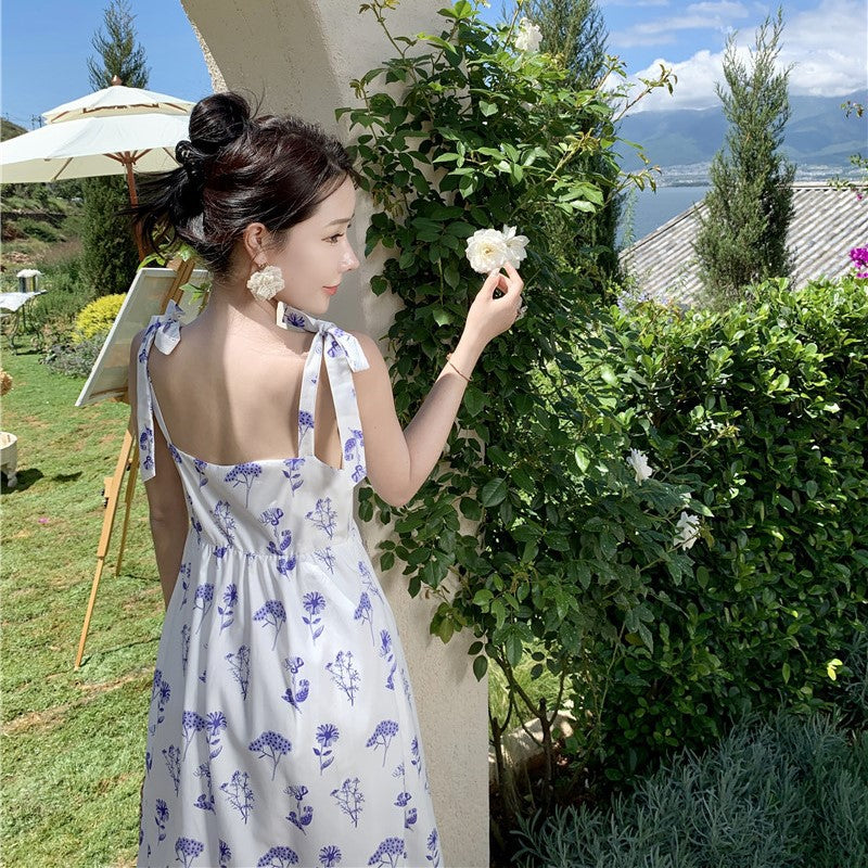 French Retro Thin Strap Long Dress Summer Purple Floral Dress 803