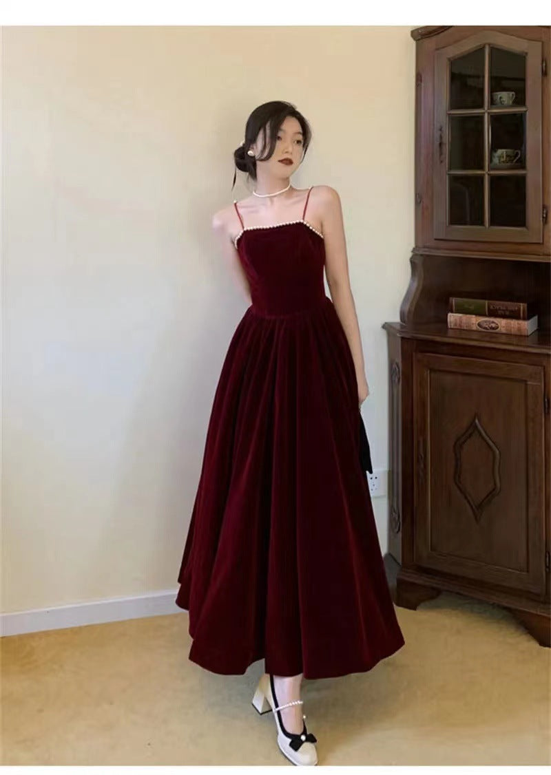 Burgundy Beaded Velvet Prom Dress Spaghetti strap Mid Long Evening Dress 163