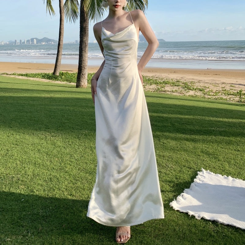 Backless White Satin Dress Long Evening Dress Prom Dress 418