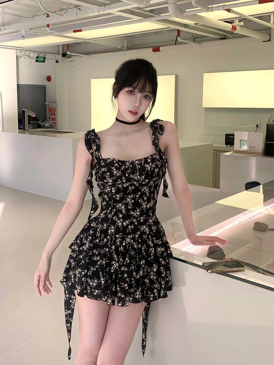 Black Floral Suspender Skirt Summer Dress L29