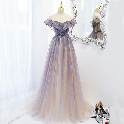 Robe de bal trapèze violette brillante en tulle, épaules dénudées, longue robe de soirée 588