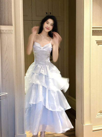 Spaghetti Strap Blue A-Line Formal Dress Layered Prom Dress L76