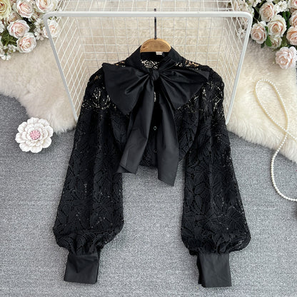 Long Sleeve Bow Knot Loose Lace Blouse Top 335