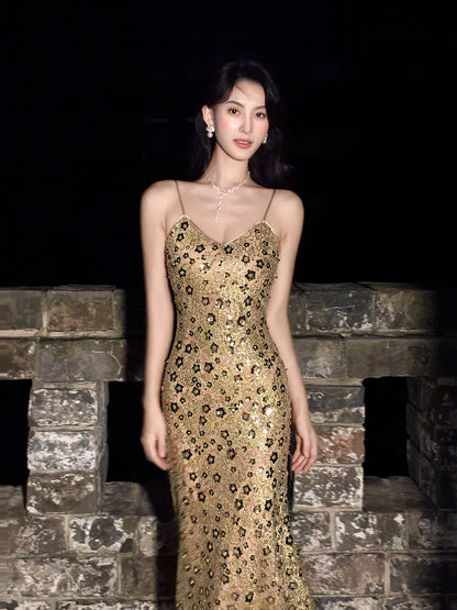Robe de bal sexy à paillettes dorée élégante, robe sirène moulante L81
