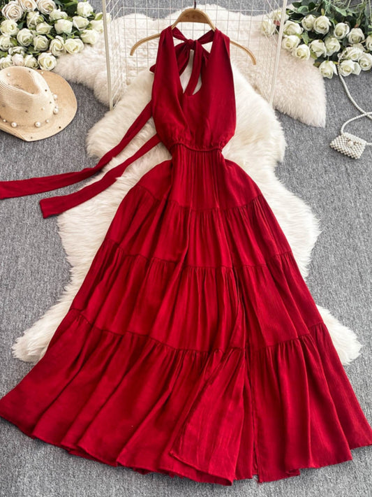 Sleeveless Halter Dress Backless  Ruffled  Dress L52