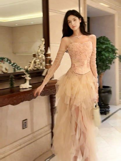 Tulle Midi Skirt   Rose Pink Strapless Top Two-Piece Set L78