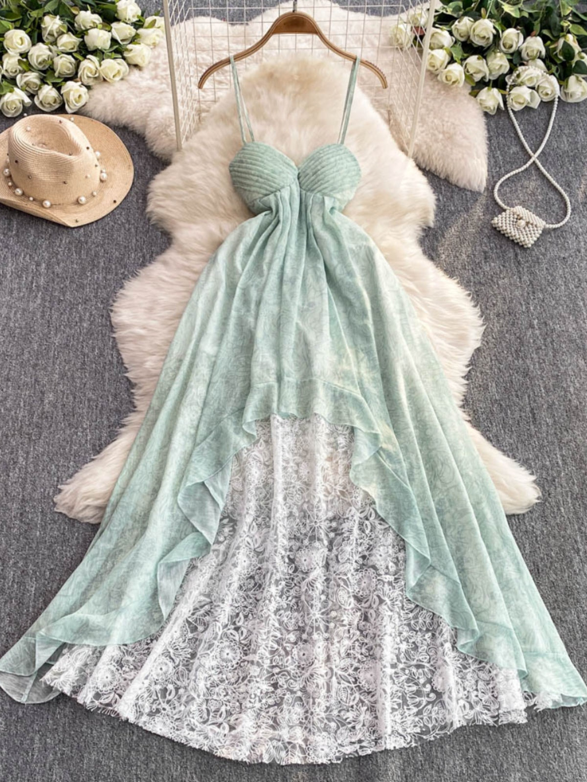 Mint Green Spaghetti Strap Dress Fairy Holiday Backless Long Dress  L48