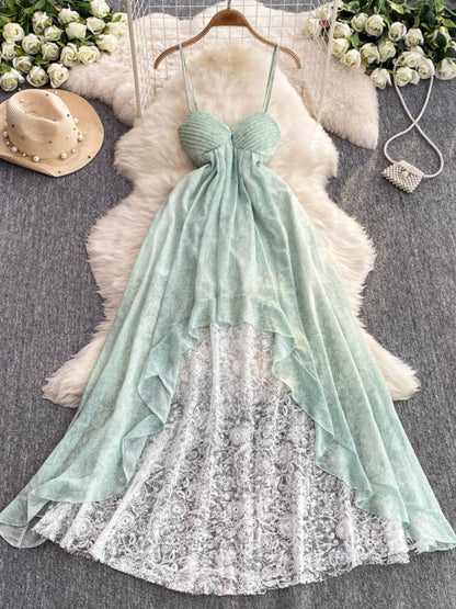 Mint Green Spaghetti Strap Dress Fairy Holiday Backless Long Dress  L48