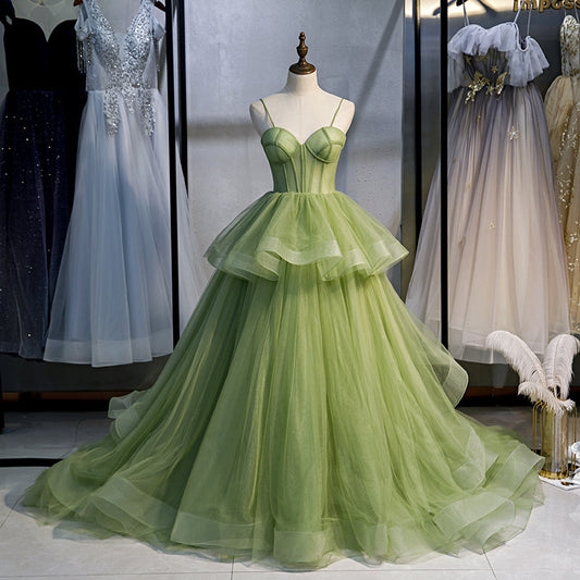 Ball Gown Green Tulle Ruffles Quinceanera Dresses Spaghetti Straps Prom Dress with Train 213