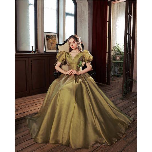 Green Puff Sleeves Satin Long Prom Dress Ball Gown Evening Dress 228