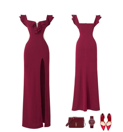 Robe de bal sirène bordeaux à épaules dénudées, longue, sexy, robe de soirée, robe de remise de diplôme, J8052