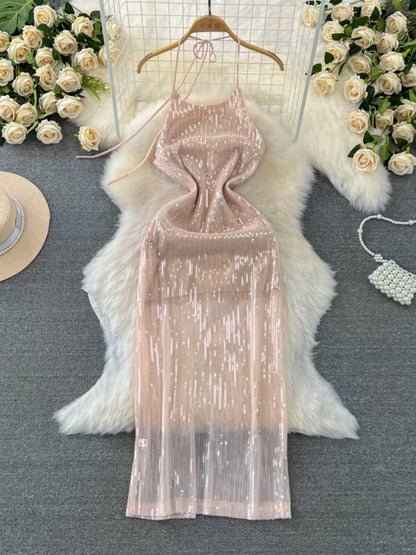 Halter Neck Backless Glittery Evening  Dress L54