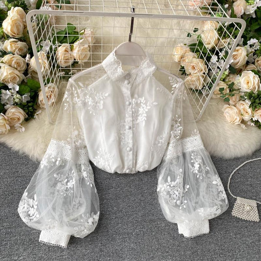 French Retro Mesh Lace Top Stand Collar Embroidered Puff Sleeve Shirt 832