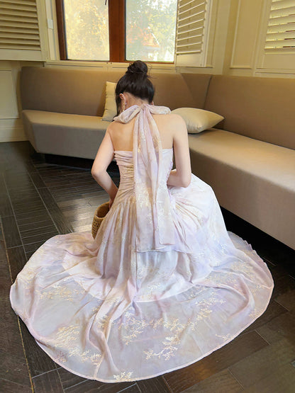 French-Style EmbroideredLong Dress  Halter Neck Floral Maxi Dress L79