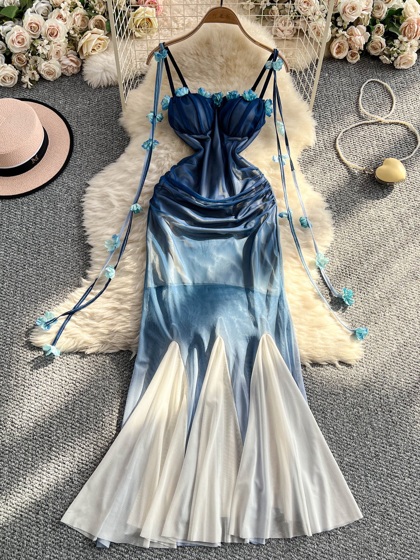 Fairy Gradient Color 3d Flower Dress Summer Slim Mermaid Long Skirt  L66