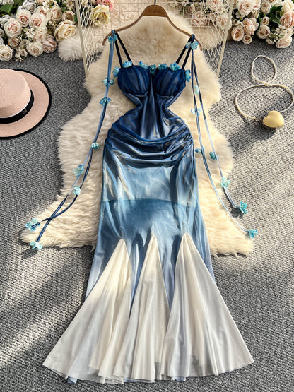 Fairy Gradient Color 3d Flower Dress Summer Slim Mermaid Long Skirt  L66