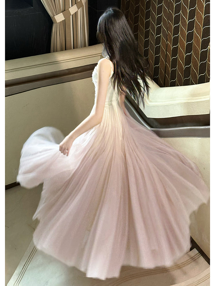 Lace Tulle Spaghetti Strap Puff Dress Beaded Prom Dress L80