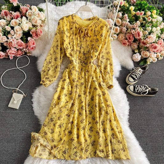 Bow Tie Chiffon Floral Dress Long Sleeve Midi Skirt 273