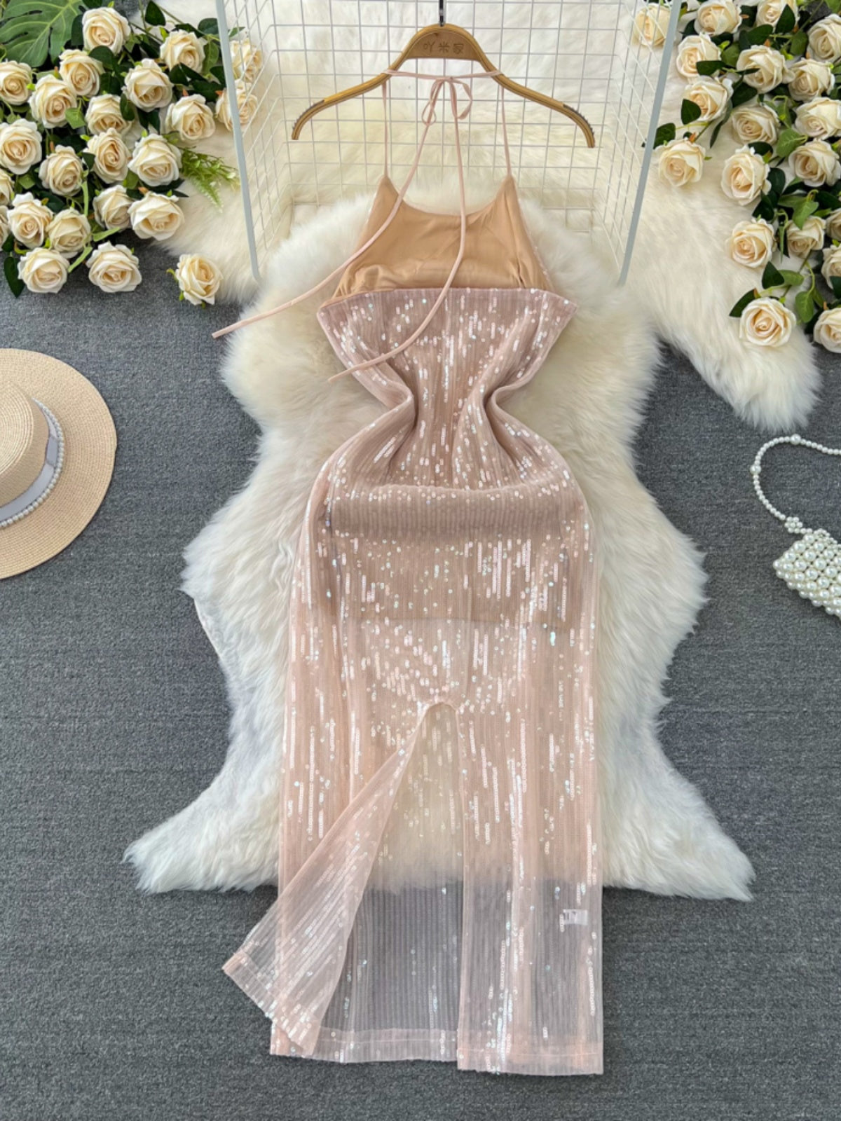 Halter Neck Backless Glittery Evening  Dress L54