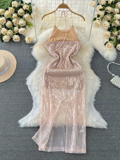 Halter Neck Backless Glittery Evening  Dress L54