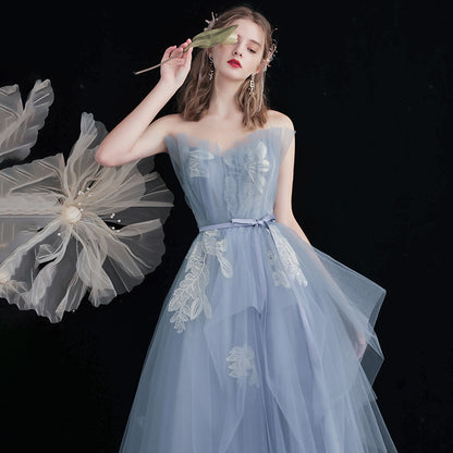strapless blue tulle prom dress a line long evening dress party dress 162 - JulyProm
