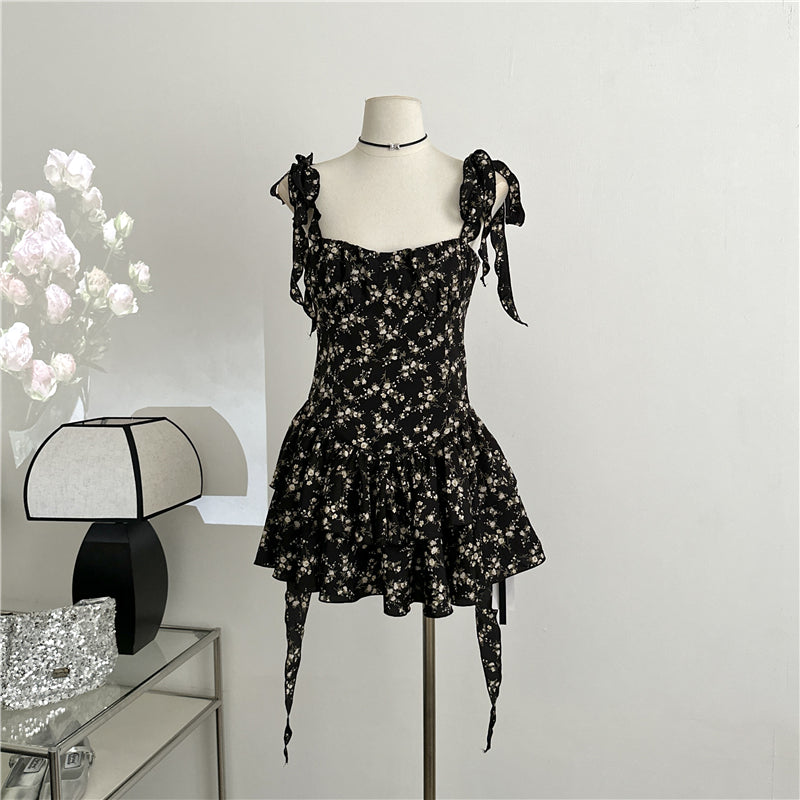 Black Floral Suspender Skirt Summer Dress L29