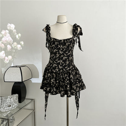 Black Floral Suspender Skirt Summer Dress L29