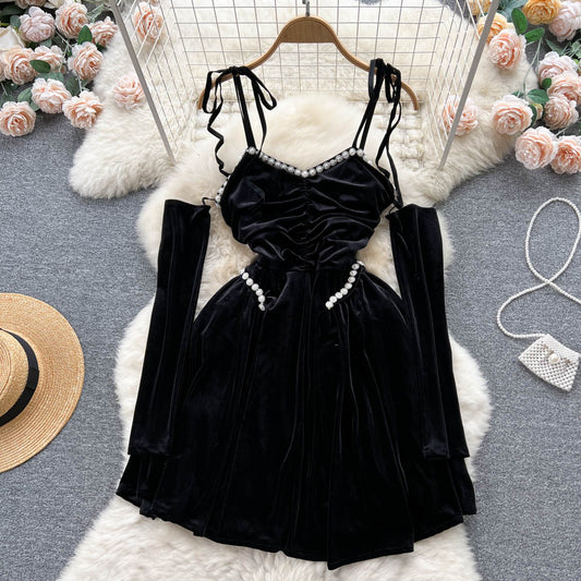 French Black Skirt Summer Backless Pleated Pearl Velvet Strap Dress 480