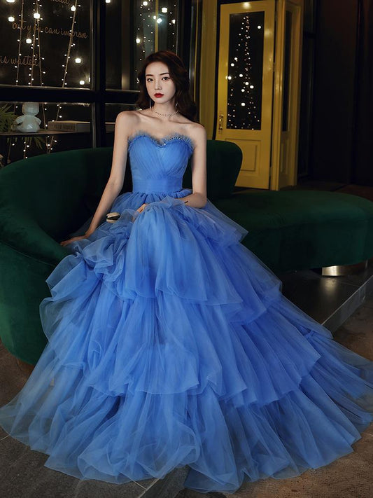 Blue A Line Tulle Evening Ball Gown Sweetheart Strapless Layered Prom Dress 303