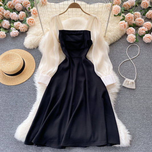 French Vintage Dress Satin Black Dress 830