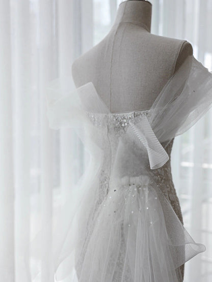 Mermaid Sequins Wedding Dress Off  Shoulder Long Evening Dress with Train 186 - JulyProm