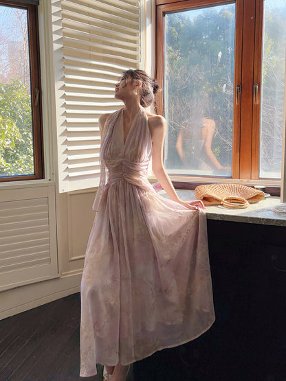 French-Style EmbroideredLong Dress  Halter Neck Floral Maxi Dress L79