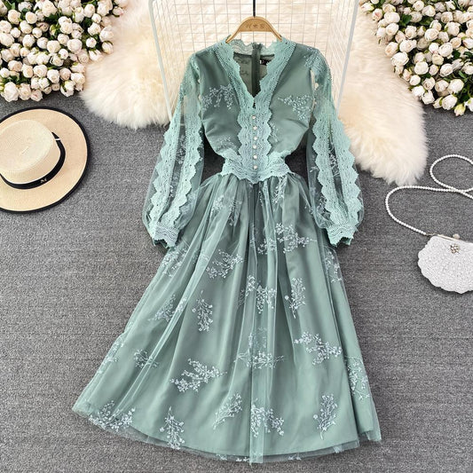 Spring V-neck Long-sleeved Mesh A-line Dress Elegant Long Skirt  356