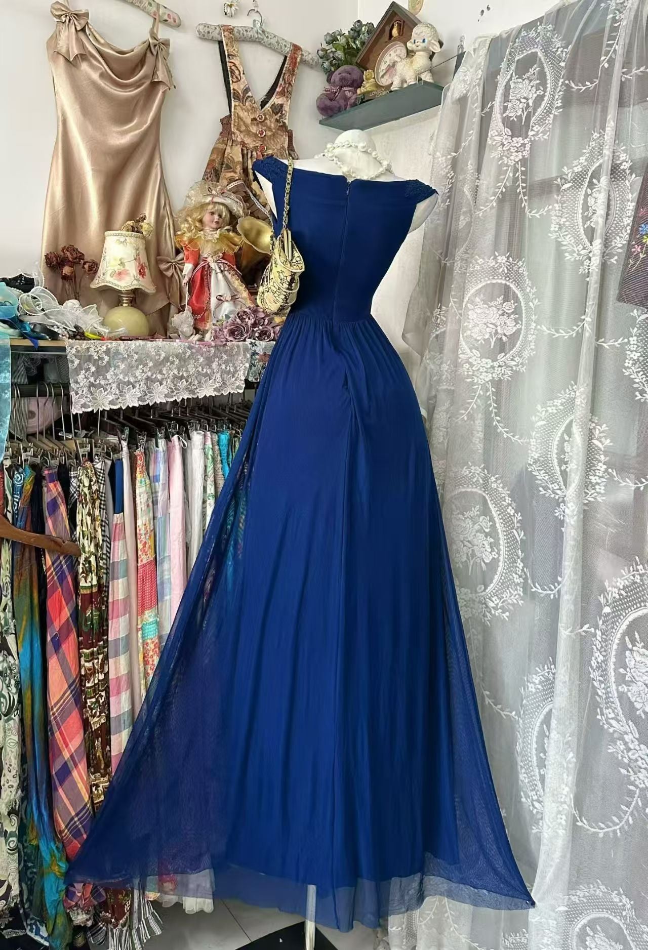 Off The Shoulder A Line Chiffon Wedding Guest Dress Formal Prom Dress  J11017