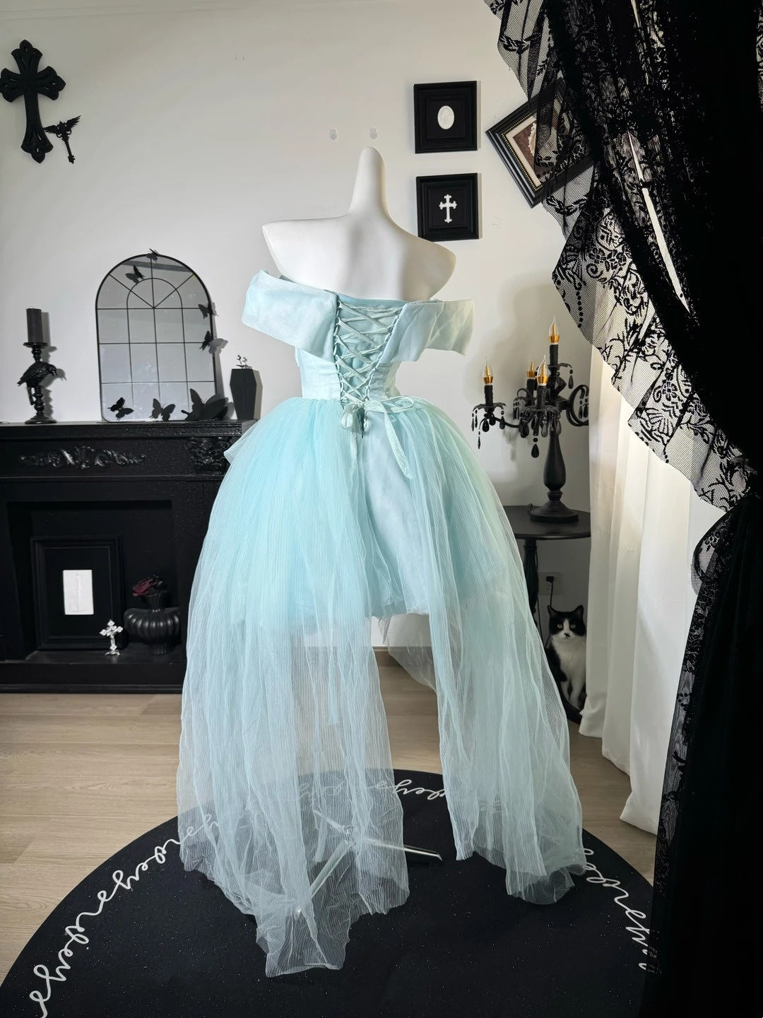 Off The Shoulder A Line Prom Dress Blue Tulle Evening Dress  J10644