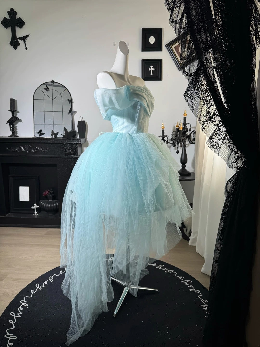 Off The Shoulder A Line Prom Dress Blue Tulle Evening Dress  J10644