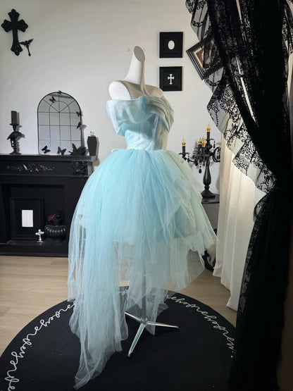 Off The Shoulder A Line Prom Dress Blue Tulle Evening Dress  J10644