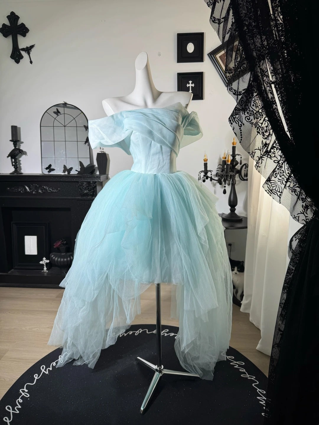 Off The Shoulder A Line Prom Dress Blue Tulle Evening Dress  J10644
