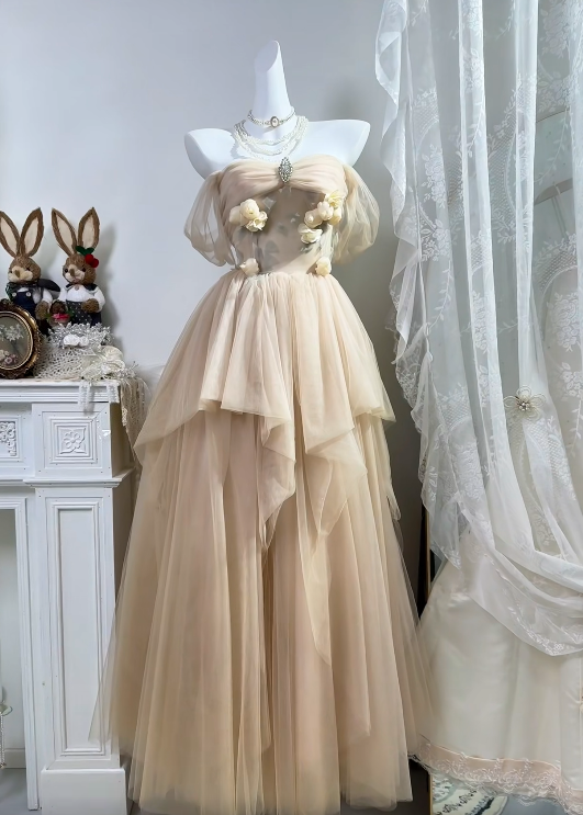 Off The Shoulder A Line Tulle Formal Prom Dress Princess Birthday Dress  J11171