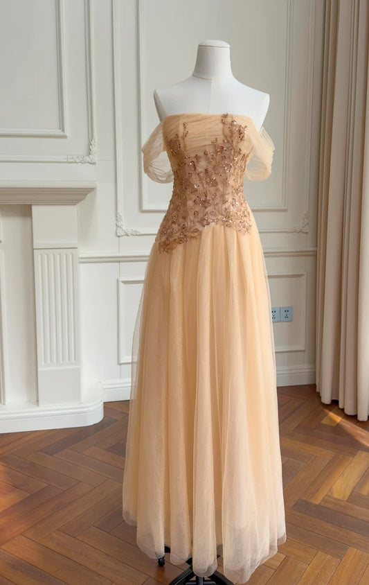 Trägerloses silbernes Vintage-Abendkleid, A-Linie, Geburtstagskleid J9370