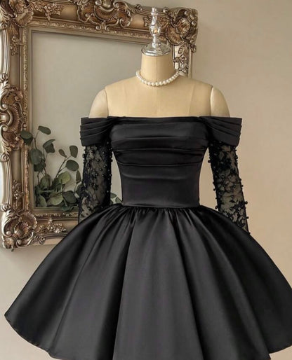 Off The Shoulder Black A Line Birthday Dress Short Homecoming Dress  J11364