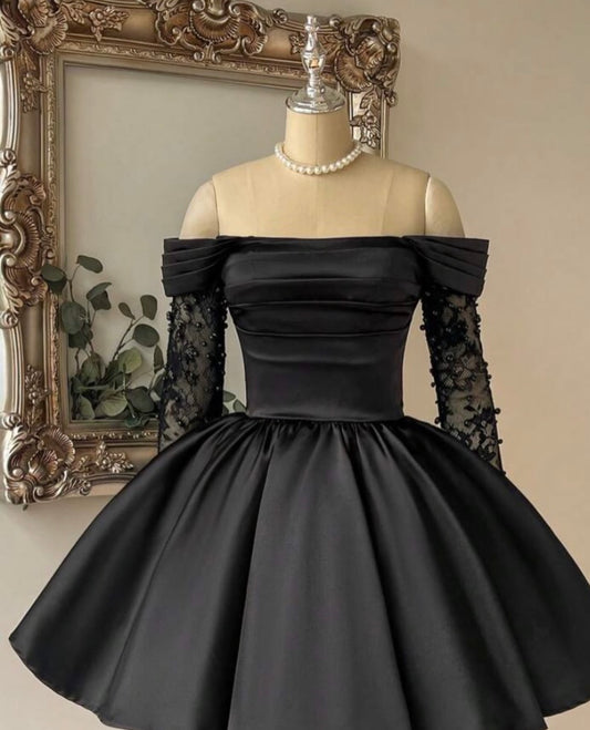 Off The Shoulder Black A Line Birthday Dress Short Homecoming Dress  J11364