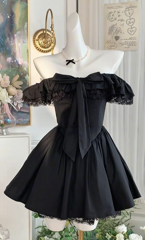Off The Shoulder Black Birthday Dress Short Lace Homecoming Dress  J10992