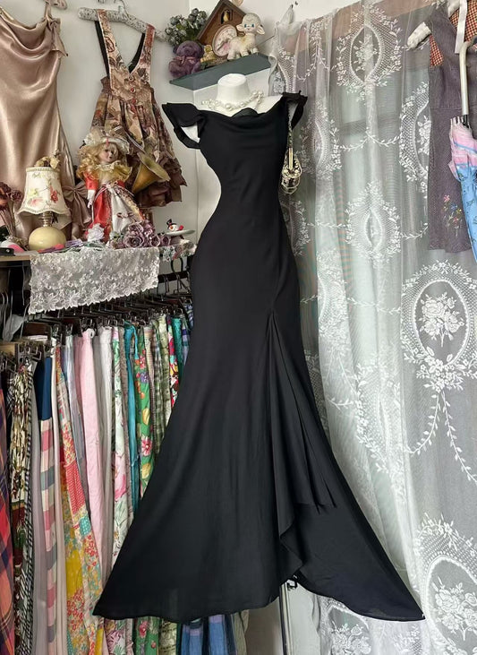 Off The Shoulder Black Mermaid Prom Dress Ruffled Evening Dress  J10551