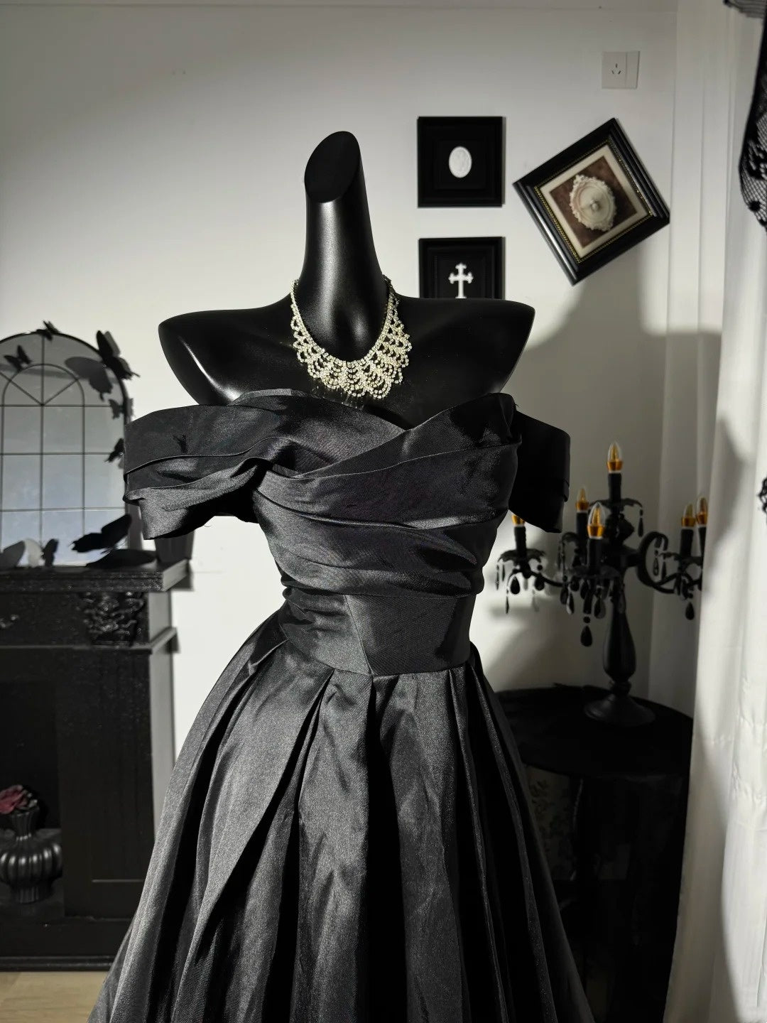 Off The Shoulder Black Satin Prom Dress Formal Evening Dress  J10839