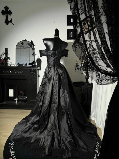 Off The Shoulder Black Satin Prom Dress Formal Evening Dress  J10839