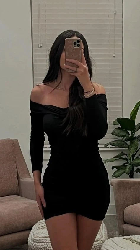 Off The Shoulder Black Sheath Birthday Outfit Dress  J11712