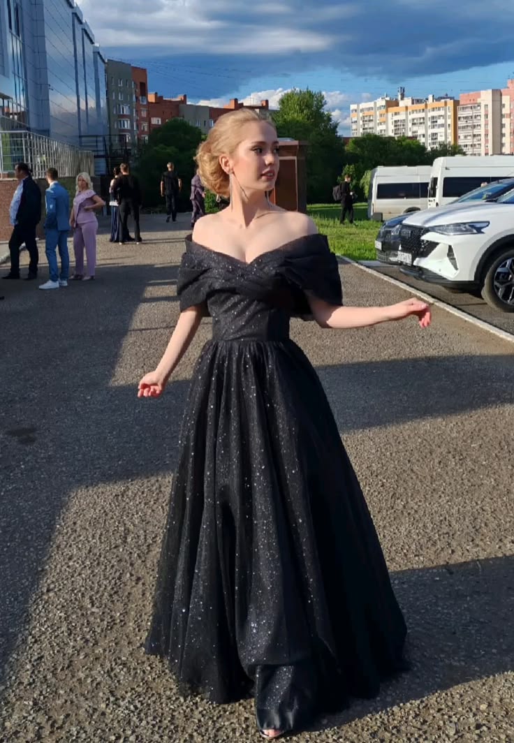 Off The Shoulder Black Tulle Formal Prom Dress Sparkle Evening Gown J11918
