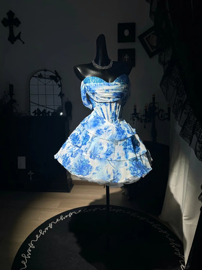 Off The Shoulder Blue Flora Homecoming Dress Layered Short Dress  J10818